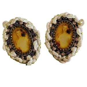 VTG Mx Rhinestone Earrings Oval Victorian Style Silver Floral jeweled Regency